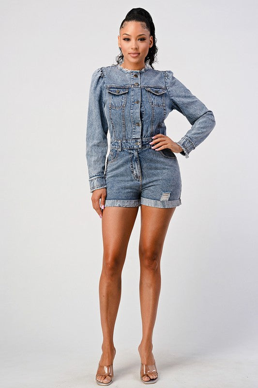 Denim Romper - Long Sleeve