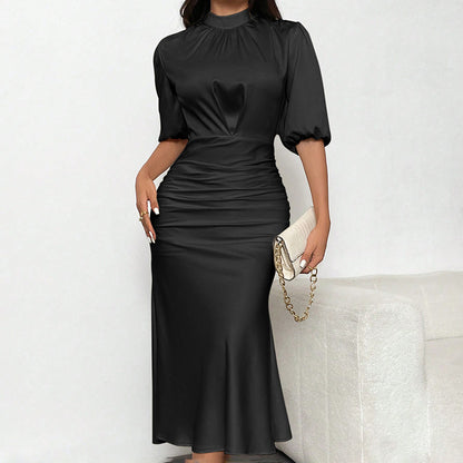 Women's Short Sleeve Mock Neck Ruched Midi Dress Slim Fit Elegant Party Dress