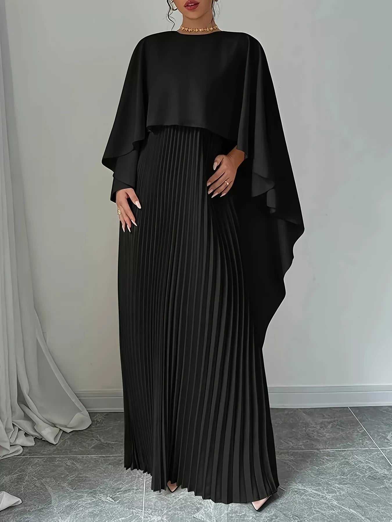 black pleated cape high neck shift dress Black Maxi Dress - Pleated Chiffon Dress - Sleeveless Cape Dress