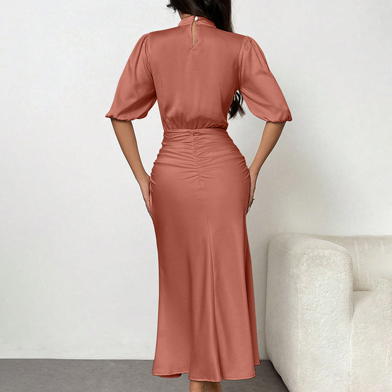 Women's Short Sleeve Mock Neck Ruched Midi Dress Slim Fit Elegant Party Dress