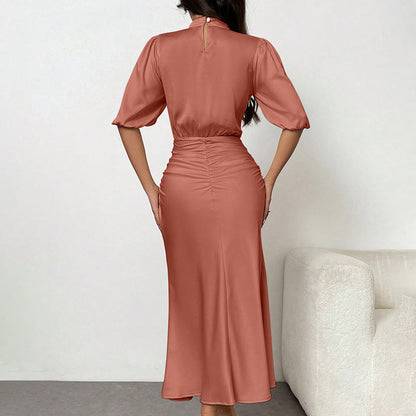 Women's Short Sleeve Mock Neck Ruched Midi Dress Slim Fit Elegant Party Dress
